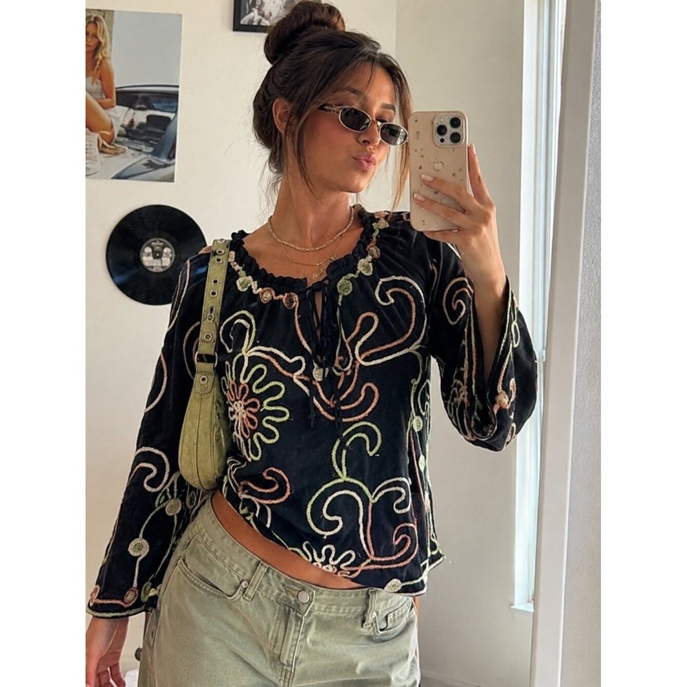 Lauren Michelle Peasant Blouse Womens L Black Embroidered Boho Floral Top